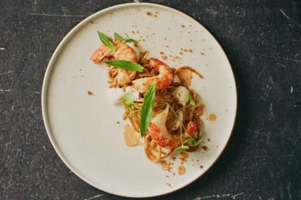 Linguini with rose shrimp and almonds